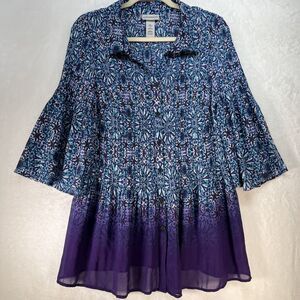 Catherine’s Button Front Flare Sleeve Sheer Tunic Top Women’s Sz 0X 14/16W Artsy